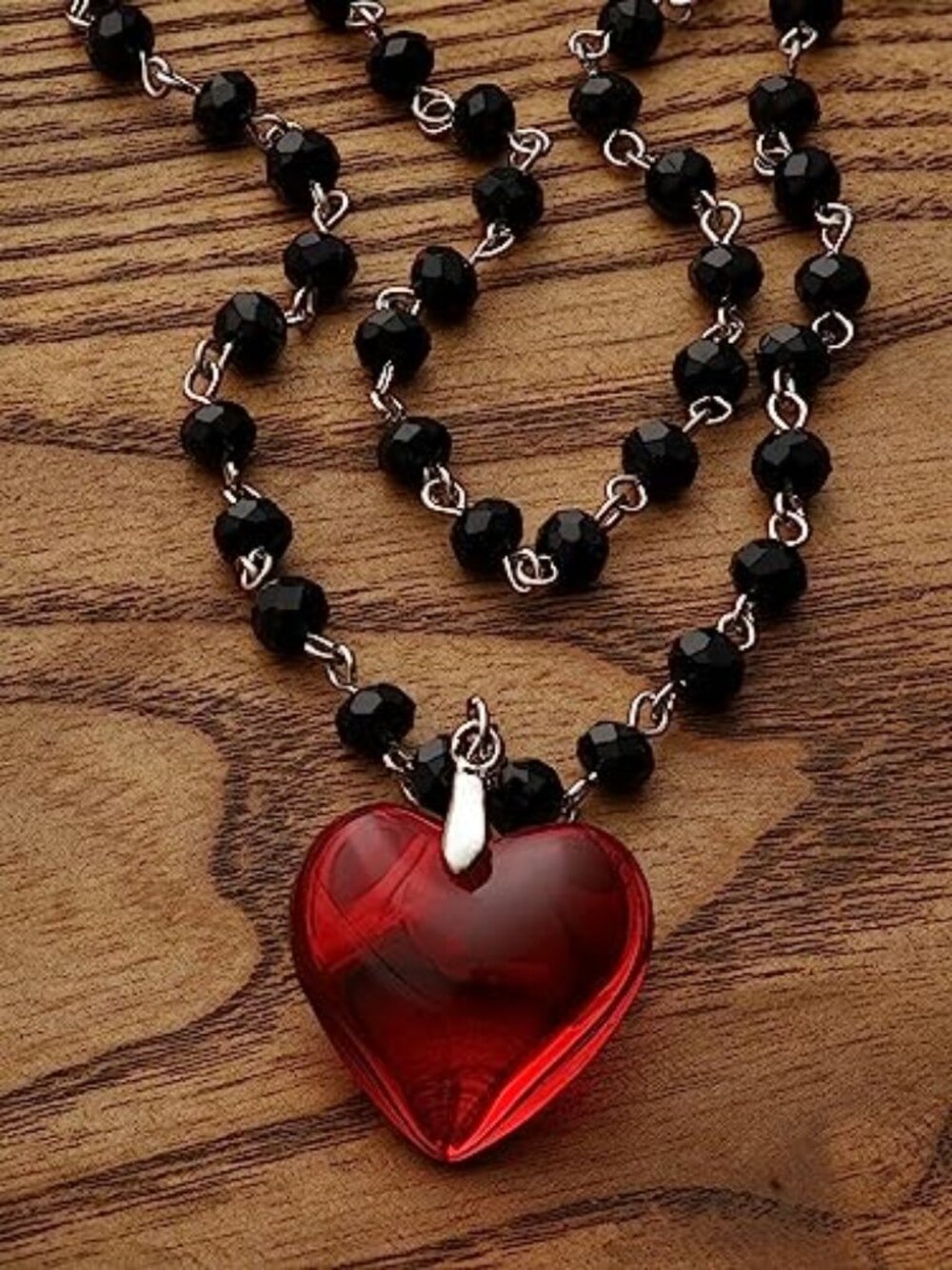 New‎ - Goth Y2k Red Heart Necklace, Layered Black Beaded Heart Choker